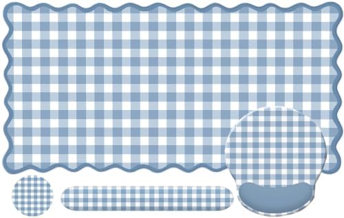 Blue Gingham Scalloped Desk Mat Set,Mouse Pad with Gel Wrist Rest,Ergonomic Keyboard Wrist Support for Women Non-Slip Desk Pad Home Office Decor by Unknown