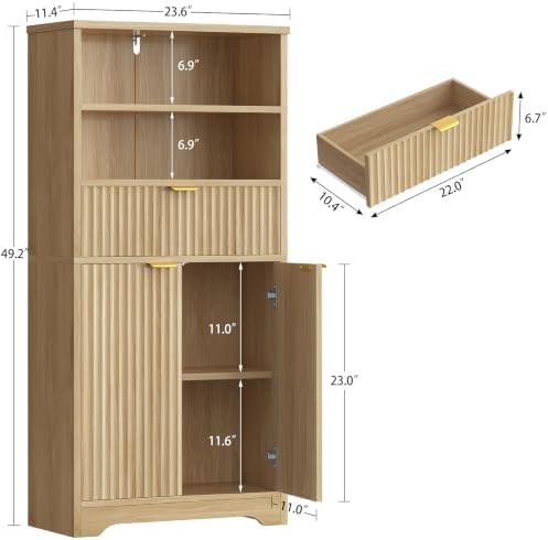 TEENFON Tall Storage Cabinet with Adjustable Shelf & Drawer, Fluted Cabinet with Doors, Kitchen Pantry Cabinets, Bathroom Storage Cabinets, for Living Room, Entryway, Home Office, Natural - Image 3