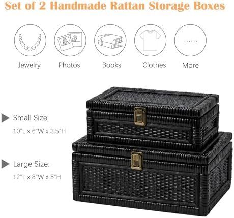 2PCS Rattan Box with Lid Decorative Natural Handmade Boho Basket - Image 4