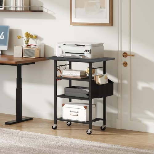 MAHANCRIS 4-Tier Printer Stand, Rolling Printer Table on Wheels, Industrial Storage Stand with Side Pocket, Wooden Tabletop, 2 S-Shaped Hooks, for Home Office, Black PTBK2601 - Image 2