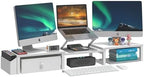 LAND·VOI Heavy Duty Dual Monitor Stand, Holds 2 Screens Up to 27 Inches, Adjustable Length and Angle Monitor Riser, Desk Organizer with Side Pockets and Drawers, Home Office Desk Storage, White by LAND%C2%B7VOI