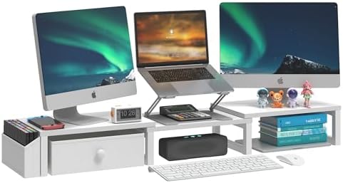 LAND·VOI Heavy Duty Dual Monitor Stand, Holds 2 Screens Up to 27 Inches, Adjustable Length and Angle Monitor Riser, Desk Organizer with Side Pockets and Drawers, Home Office Desk Storage, White by LAND%C2%B7VOI