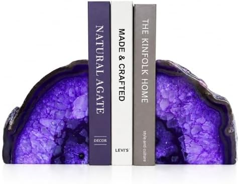 Natural Purple Dyed Agate Geode Bookends - 3 to 4 lb Heavy Duty Rock Crystal Stone Book Ends for Shelves, with Rubber Bumpers, Decorative Book Holders for Home Office by Sisamn