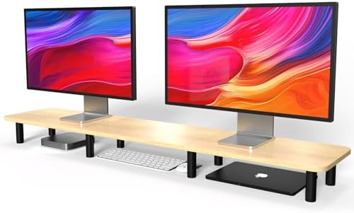 Large Extra Long Monitor Stand Riser 43.7in,Dual Monitor Riser, Wide TV Stand for 2 Monitors, Wood & Steel Leg Adjustable Height Desktop Riser, Home Office Organization. (Natural) by WEGASTU