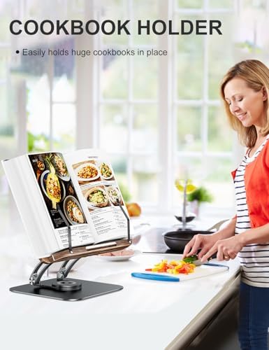 Tounee Book Stand for Reading, Adjustable Book Holder with 360° Swivel Base, Foldable Cookbook Stand Recipe Book Holder with Elastic Page Clips for Music Scores, Recipe, Tablet, Laptop-Gray - Image 3