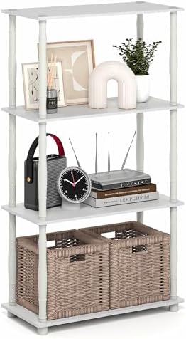 Furinno Turn-N-Tube Storage Shelves, 4-Tier Open Frame Book Shelf, Standing Corner Shelf, Toolless Open Shelves, Classic Tubes, for Organization and Storage, Living Room, Home Office, White by Furinno-FitsYourSpaceFitsYourBudget
