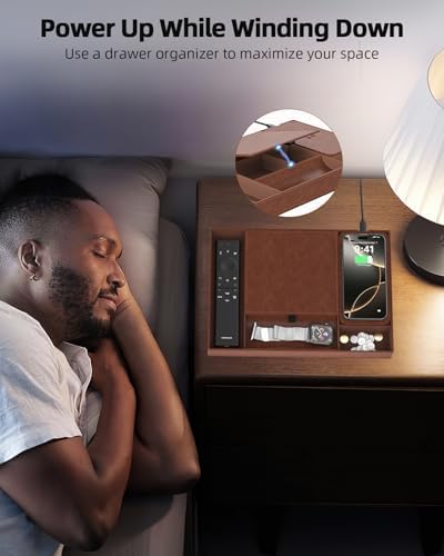 Leather Valet Tray with Wireless Charging Pad - Luxury EDC Nightstand Organizer for Men - Premium Desk Tray for Phone, Watch, Glasses & Keys - Sleek Office Desk Accessories & Gift for Him, Brown - Image 4