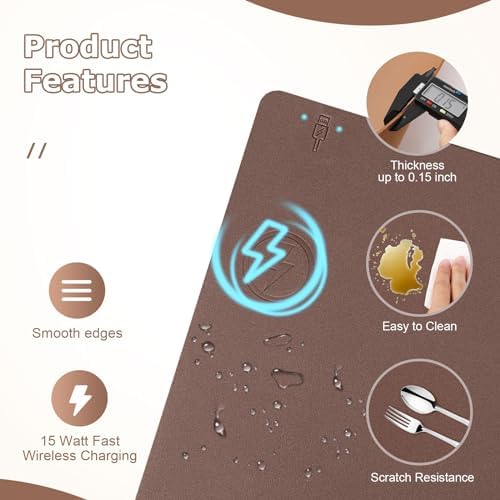 Wireless Charging Mouse Pad Firelison 2 in 1 Leather Multifunctional Office Desk Pad with Non-Slip Rubber Base, Waterproof Desk pad for Computers/Office/Work/Home/Decor（ 32" x 16"Brown - L） - Image 4
