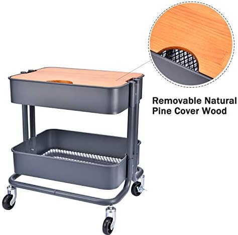 Melody House 2-Tier Metal Utility Rolling Cart Storage Side End Table with Cover Board for Office Home Kitchen Organization, Dark Gray - Image 5