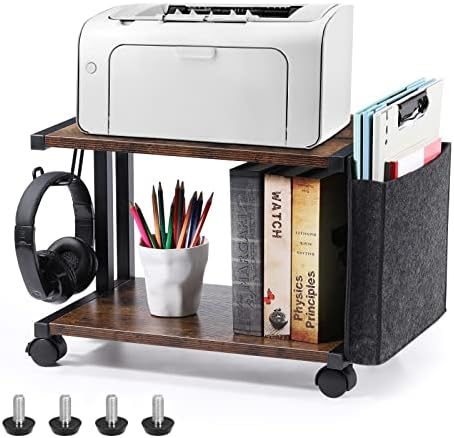 Printer Stand with Storage Bag Under Desk Printer Table on Wheels 2 Tier Small Desktop Rolling Stand Shelf for Fax Machine Scanner Files (Brown) by BTY