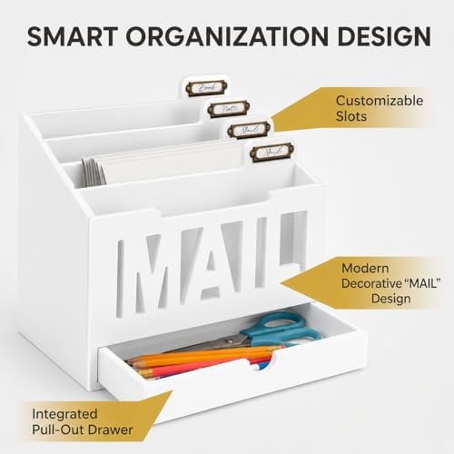 Mail Organizer Countertop, Desktop Mail Sorter with Drawer & Label Tags, WH - Image 2