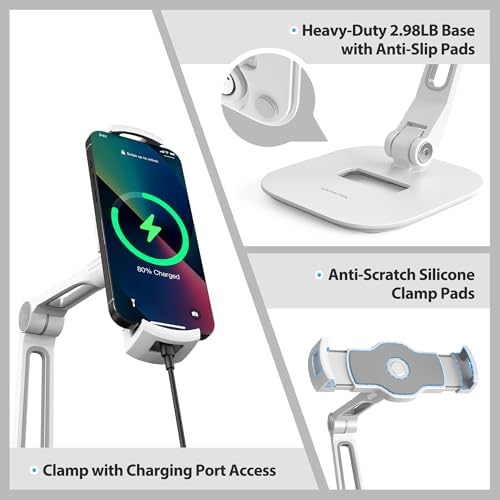 AboveTEK Multi-Angle Adjustable Tablet Stand, 360 Swivel iPad Stand Aluminum Desk Mount Fits 4'-11" Tablets White - Image 5
