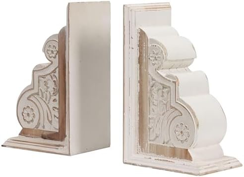 SOFE 1 Pair Rustic Handmade Distressed White Wood Bookends, Carved Pattern - Image 2