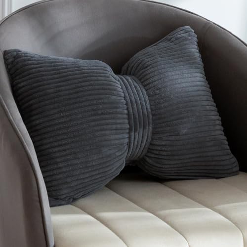 HIGOGOGO Lumbar Support Pillow for Recliner Chair, Bow Knot Shaped Back Support Cushion, Striped Corduroy Soft Decorative Lumbar Pillow for Office Chair, Sofa, Car, Bed, Living Room - Dark Grey by HIGOGOGO