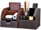 KINGFOM Pu Leather Desk Organizer Pen Pencil Holder Office Supplies Caddy Storage Box 6 Compartments with Drawer Brown by KingfomLeatherHomeOfficeDecor