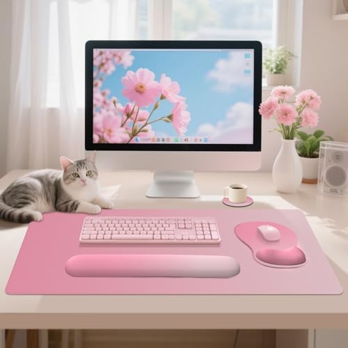 4-in-1 Large Gaming Mouse Pad, Keyboard Wrist Rest Pad & Wrist Support Mousepad Set, Extended Desk Pad Waterproof Desk Mat for Home Office Decor Study Game 35.4×15.7 Inches I Gradient Pink Blush - Image 2