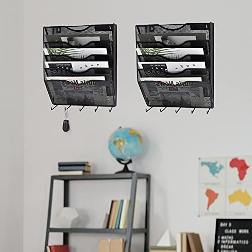EASEPRES 5 Pocket Mesh Hanging File Organizer with Key Holder Hooks & Nametag Label, Wall Mounted Mail Paper Document Folder Clipboard Storage Organization Magazine Rack for Office Cubicle, Black - Image 3