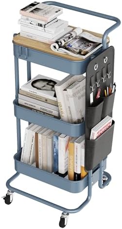 DTK 3-Tier Rolling Cart with Table Top, Metal Utility Cart with Side Bags by DTK