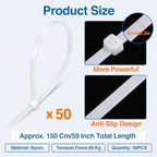 50 Pcs 60 Inch Extra Large Zip Ties Heavy Duty Outdoor, 176 Lbs Tensile Strength Plastic Cable Ties with Self Locking, UV Resistant White - Image 2