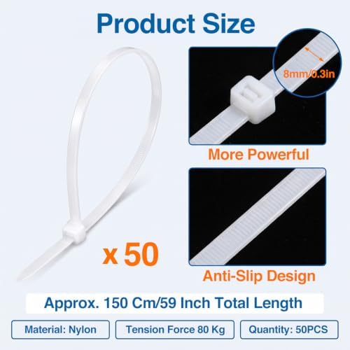 50 Pcs 60 Inch Extra Large Zip Ties Heavy Duty Outdoor, 176 Lbs Tensile Strength Plastic Cable Ties with Self Locking, UV Resistant White - Image 2