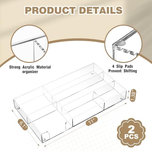 Briwooody 2 Pcs Clear Acrylic Desk Drawer Organizer 11 x 6 x 1.38 Inch Drawer Organizer Trays with 6 Compartments Desk Accessories for Office Makeup Silverware Bathroom - Image 2