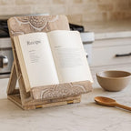 Wedding Gifts Mandala Wooden Cookbook Stand for Kitchen Counter Recipe Book Holder for Cooking, Solid Wood Chopping Board Style Foldable and Durable Recipe Holder for Tablets and Cookbooks - Image 2