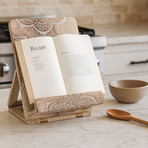 Wedding Gifts Mandala Wooden Cookbook Stand for Kitchen Counter Recipe Book Holder for Cooking, Solid Wood Chopping Board Style Foldable and Durable Recipe Holder for Tablets and Cookbooks - Image 2