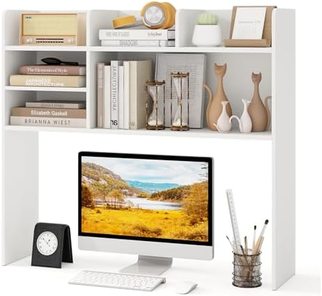 GOFLAME 6 Shelves Desktop Bookshelf, 37” Desk Hutch Dorm for Computer Monitor Up to 32”, 3-Tier Countertop Display Rack, Wood Desk Storage Organizer Shelf for Home Office, Study, White by GOFLAME