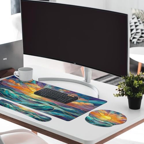 Britimes Keyboard Mouse Pad Set, 4 in 1 Desk Mat Set, Gold Sun Ocean - Image 6