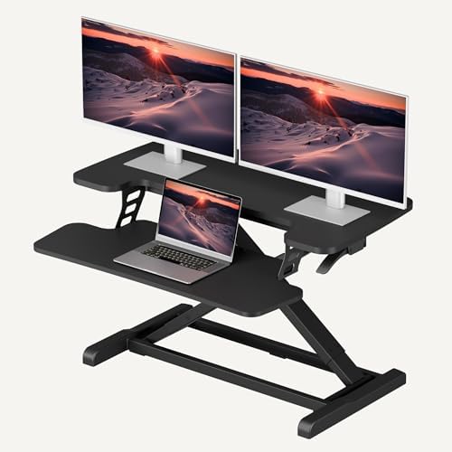 SANODESK 32" Height Adjustable Standing Desk Converter, Desk Riser Sit Stand Workstation for Home Office Laptop & Dual Monitor Setup, Ergonomic Lift Platform, Black by sanodesk