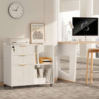 INNOD 3 Drawer Fluted Mobile Filing Cabinet with Lock, Lateral Rolling Under Desk File Cabinet, Wooden Printer Stand Table for Home Office Essentials Storage Organization Furniture Letters/A4(White) - Image 7