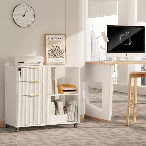 INNOD 3 Drawer Fluted Mobile Filing Cabinet with Lock, Lateral Rolling Under Desk File Cabinet, Wooden Printer Stand Table for Home Office Essentials Storage Organization Furniture Letters/A4(White) - Image 7