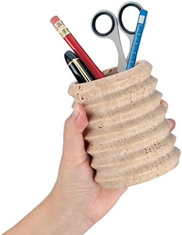 Pen Holder Stand for Desk, Natural Travertine Stone Makeup Brush Holders, Modern and Functional Pencil Cup for Office Supplies Tableware Organizer for Home Decor School Beige (PH90110) - Image 5