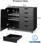 5-Drawer Wood Drawer Cabinet, Office Storage Cabinet with Adjustable Shelf & Wheels, Printer Stand for Home Office, Black, 15.7" D x 30.7" W x 25.4" H - Image 3