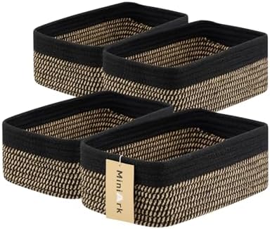 MiniArk Small Storage Baskets for Organizing | Closet Organizer Bins | Shelf Toy Basket | Woven Rope Baskets | Cube Decorative Box | Shallow Basket | 11.5x7.5x4.7” | 4 Packs Black Brown by MiniArkStorageBasketsHome