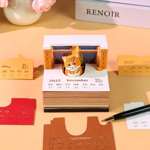 3D Memo Pad Time Piece Calendar 2027, 3D Tear-Off Art Desk Calendar 2027, Creative 3D Memo Pad Paper Art Tree House DIY Paper Carving Decoration (Big Orange Cat) - Image 3