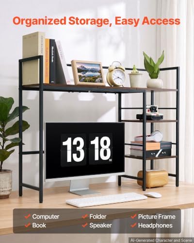 VEVOR Desk Shelf 38.6" W, Desktop Bookshelf Storage Hutch for Computer Monitor, Metal Frame and Wooden Shelf, 4-Tier Desk Display Rack, Multipurpose Desk Organizer Hutch for Dorm, Home, Office - Image 3