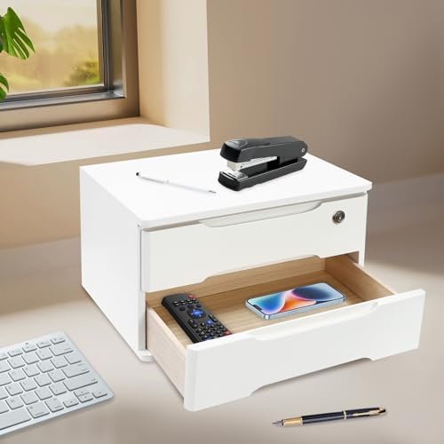 Wood Desk Organizer with 2 Drawers, Lockable Desktop Countertop Storage Cabinet for Home Office Supplies File Tabletop Organizing Unit (White) - Image 5