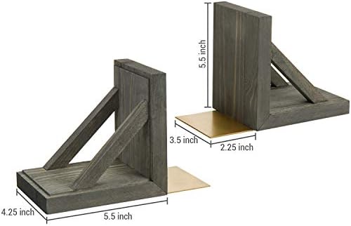 MyGift Vintage Gray Wood Decorative Bookends with Brass Metal Book Supports, Office Desk Wooden Bookend Book Stand, 2 Piece Set - Image 5