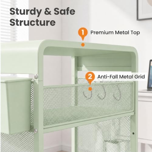 ECOLOVI Small 3 Tier Printer Stand for Under Desk, Height Adjustable Shelf Printer Table with 3 S-Hooks & Basket, Heavy Duty Industrial Storage Shelf for Home Office (Sage Green) - Image 6
