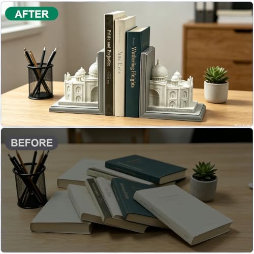 Book Ends for Shelves, Heavy Duty Decorative Bookends, Non-Skid Castle Design Book Holder for Heavy Books/CDs, Modern Aesthetic Resin Shelf Decor, Book Stopper for Home Office, Set of 2, White - Image 6