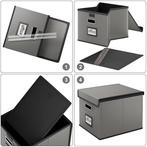 Foldable File Organizer Box with Lids (4 Pack, Dark Gray, Leather) - Image 7