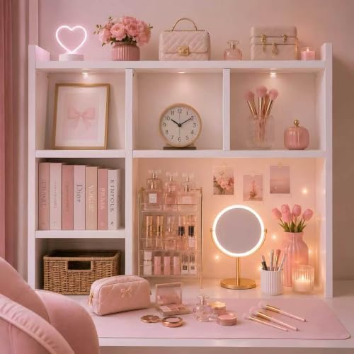 White Desk Hutch Dorm, Desktop Bookshelf with 5 Shelves - Image 2