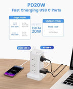 Power Strip Tower with Surge Protector 1800J, Fast Charging Tower PD20W USB-C Ports with 12 AC Outlets, Extension Cord for Home Office Dorm Room, 6ft, White - Image 5