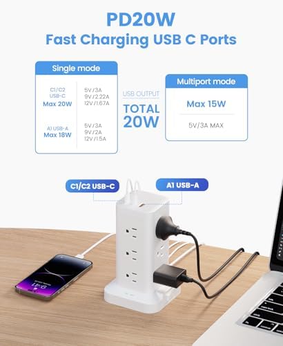 Power Strip Tower with Surge Protector 1800J, Fast Charging Tower PD20W USB-C Ports with 12 AC Outlets, Extension Cord for Home Office Dorm Room, 6ft, White - Image 5
