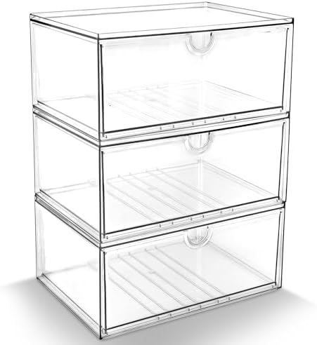 Prsildan Acrylic Makeup Organizer, 3 Pack Stackable Clear Storage Drawers for Baby Bottles Desk Organizers with 3 Drawers for Countertop Vanity Nursery Modular System for Cosmetics Jewelry by Prsildan