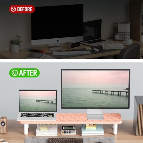 AFOOYO 31.5 Inch Adjustable Monitor Stand Riser, Dual Monitor Stand for Desk, 3 Height Adjustable Computer Stand with Storage, Sturdy Laptop Riser for PC, Laptop, Printer, TV, Pink - Image 5