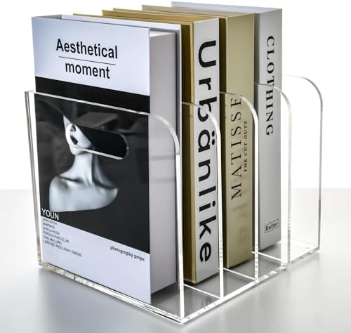 Acrylic File Holder for Desk - 4 Slot Vertical Magazine Organizer & Bookend - Clear Document Sorter Rack for Folders, Binders, Notebooks & Reports - Non-Slip Office Desktop Storage Sorter by AIMOLLYACRYLICSTORAGE