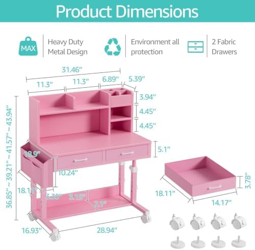 Pink Kids Desk with Hutch, 32" Height Adjustable Mobile Rolling Girls Desk - Image 3