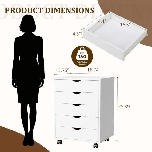 5 Drawer Storage Cabinet with Drawers, Rolling Printer Stand for Office - Image 3